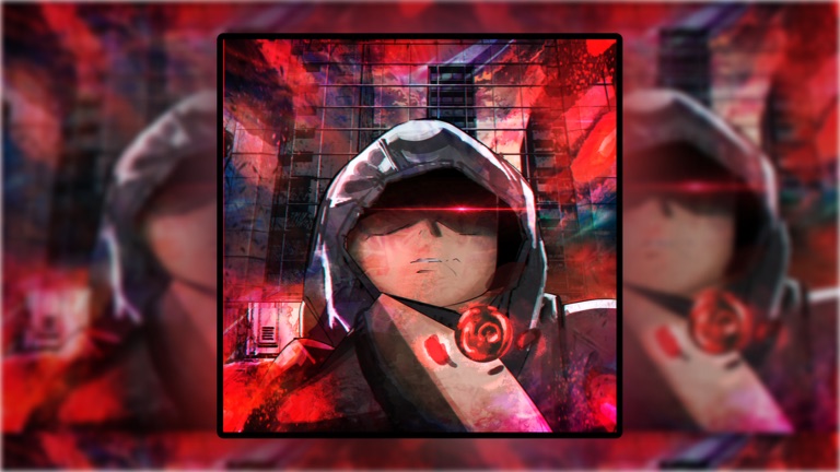 Hooded cultist with a glowing red emblem standing before a ruined building under a red sky
