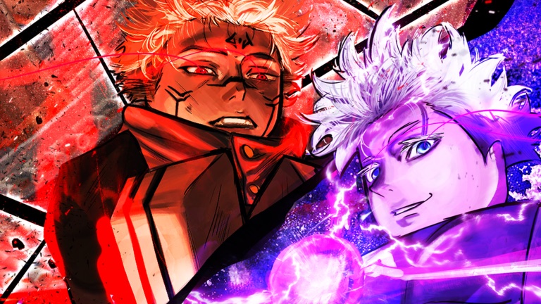 Sukuna-marked fighter facing a white-haired sorcerer charging purple cursed energy